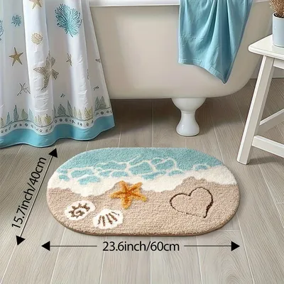 1pc Plush Faux Cashmere Bathroom - Ocean-Themed Oval Floor Mat with Beach Starfish & Heart Design,Rugs for Bathroom,Theme Decor