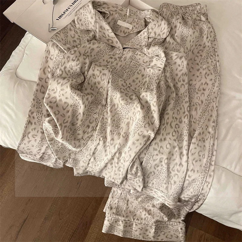 Sexy Leopard Pyjamas Set Dame Hause Kleidung Eis Seide Nachtwäsche Loungewear Herbst Frühling Nachtwäsche Pijama Mujer Pyjamas Femme Image