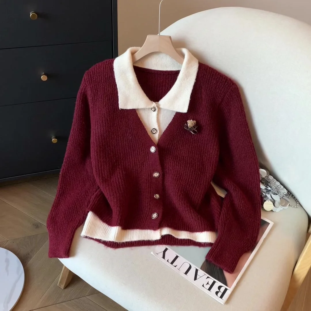 Women's Red Collared Long Sleeve Sweater with Bear Design French Elegant Cute Casual Vintage Top Sweater Apparel Y2K Clothing