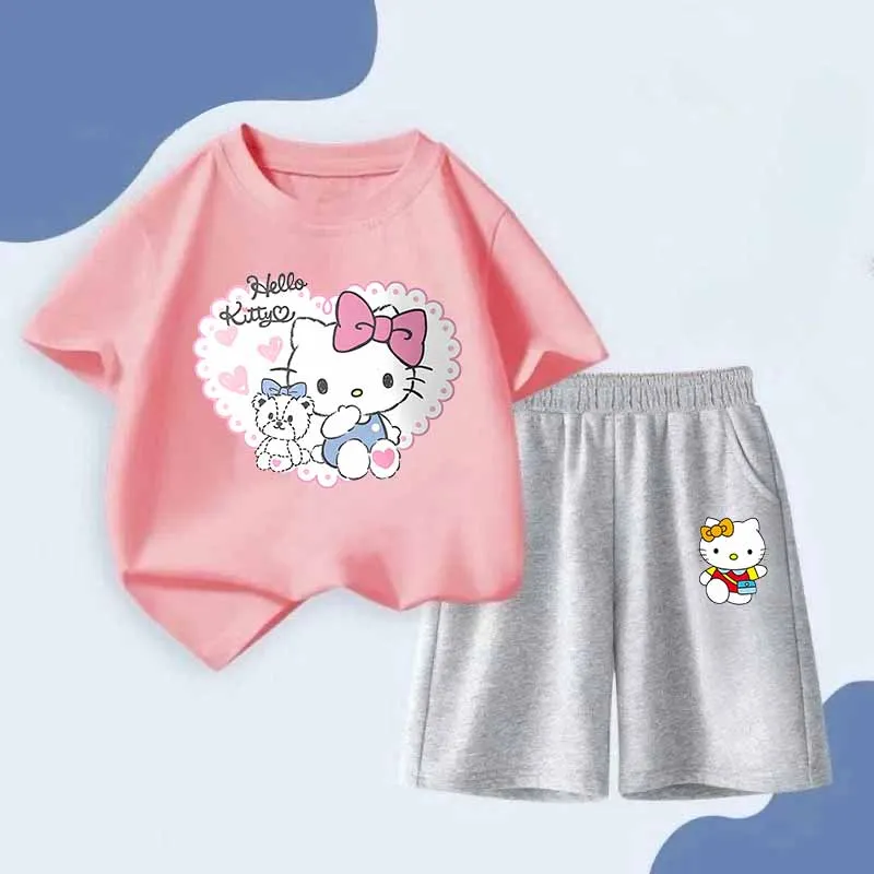 Kinder Mode Cartoon Hallo Kitty Druck Kleidung Sets Kinder Schöne Kurzarm Pullover Tops & Shorts 2Pcs Outfit Trainingsanzug Image
