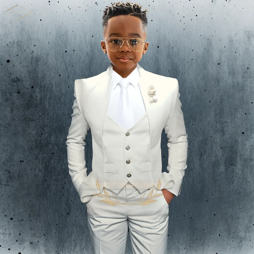 Kleiner Gentleman-Anzug, elfenbeinfarben, 3-teiliges Hochzeitsset, schmale Passform, Blazer, Weste, Hose, Ensemble, maßgeschneidert für Jungen Image