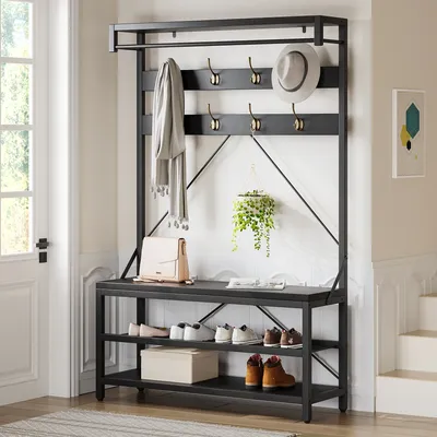 Coat Rack Hall tree and Shoe Bench with Shoe Storage Rack for Entryway Freestanding Industrial Accent Furniture Organizer
