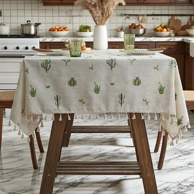 Rustic Embroidered Table Protector - Heavy Duty Linen Table Mat Dustproof for Kitchen Counter, Study Desk, Center Coffee Table