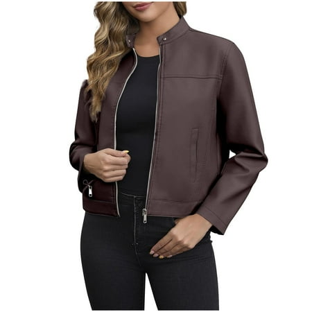 Hvyesh Faux Leather Jacket for Women Zip Up Moto Biker Coat Trendy Y2K PU Motorcycle Jackets Long Sleeve Fall Cropped Coats Coffee