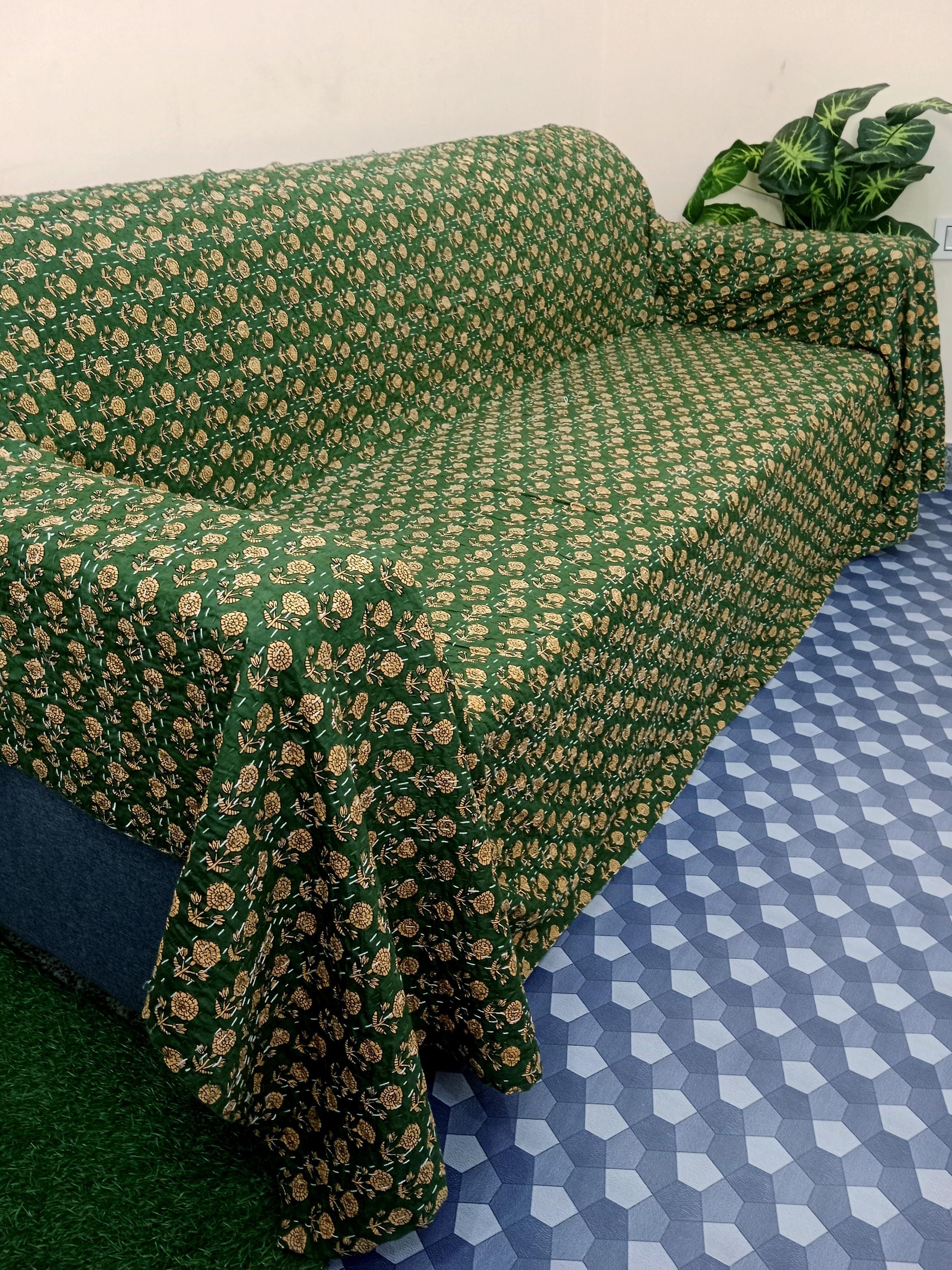 Trapunta Kantha floreale verde, trapunta Kantha fatta a mano, copriletto stampato a mano, trapunta verde floreale stampata a blocchi, trapunta kantha