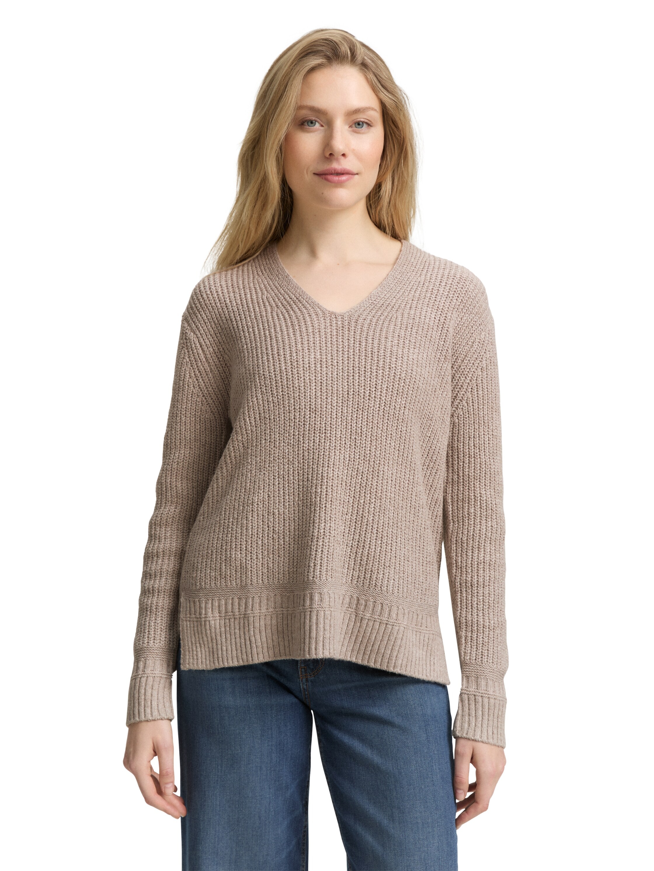Strickpullover TOM TAILOR, Damen, Gr. S, beige (soft taupe melange), Rippstrick, Obermaterial: 55% Baumwolle, 25% Polyacryl, 20% Polyester, Strukturmuster, regular fit taillenbedeckt, V-Ausschnitt, Pullover Strickpullover, mit Rippstruktur