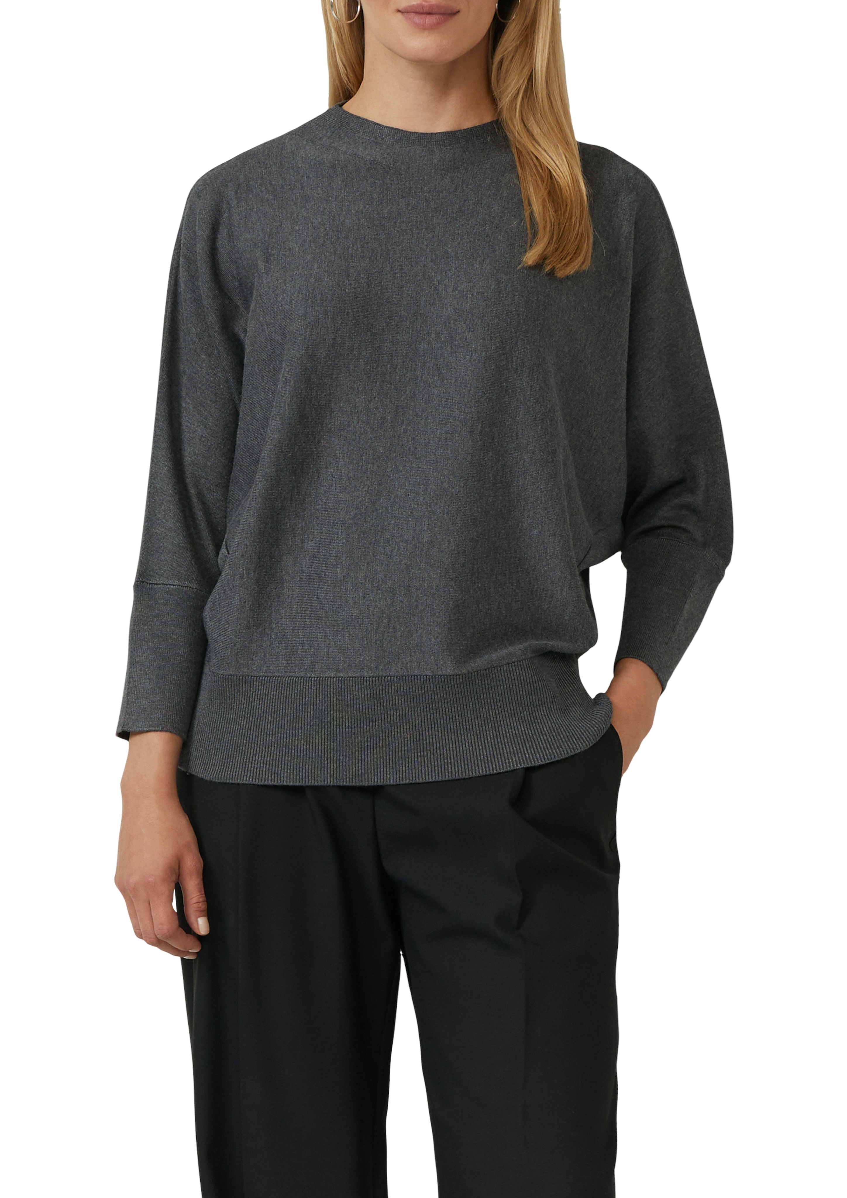 Strickpullover S.OLIVER BLACK LABEL, Damen, Gr. 42, grau (dunkelgrau), Strick, Obermaterial: 71% Viskose, 29% Polyester, unifarben, relaxed fit taillenbedeckt, ohne Ausschnitt, Fledermausärmel Rippbündchen, Pullover Strickpullover, mit Fledermausärmeln