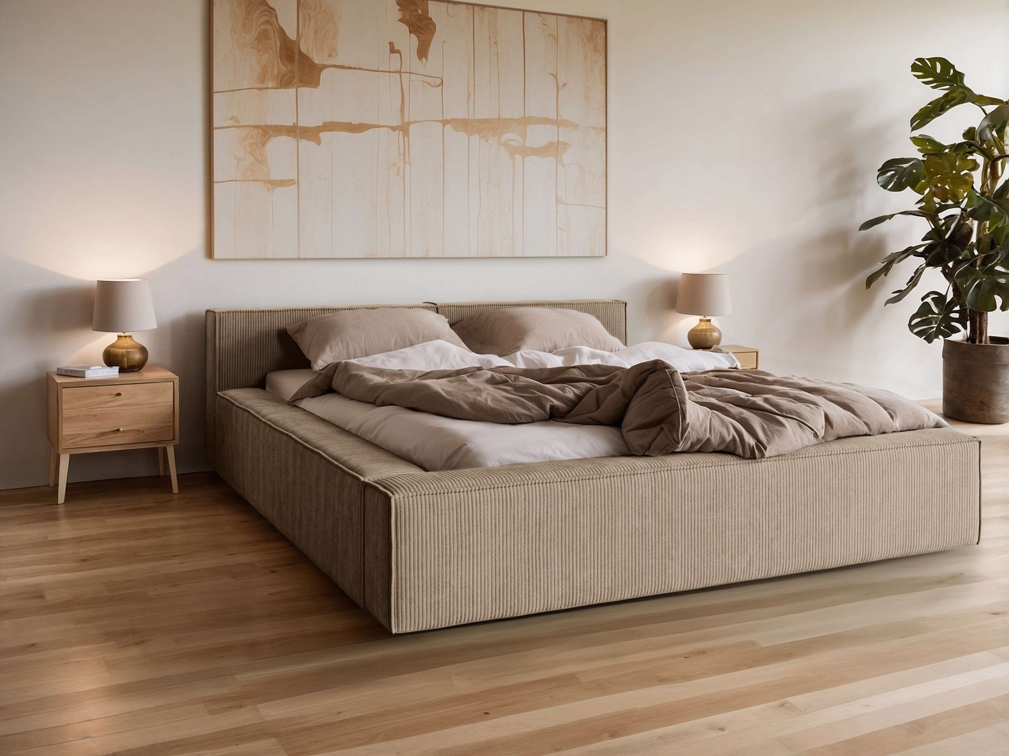 Polsterbett HOME AFFAIRE "LAUREDA Bettgestell mit Lattenrost, in 4 Breiten- 140, 160, 180, 200cm", braun, B:224cm H:74cm L:244cm, 83% Polyester, 17% Nylon, Betten, mit Kopfteil und Bettkasten, ohne Matratze Image