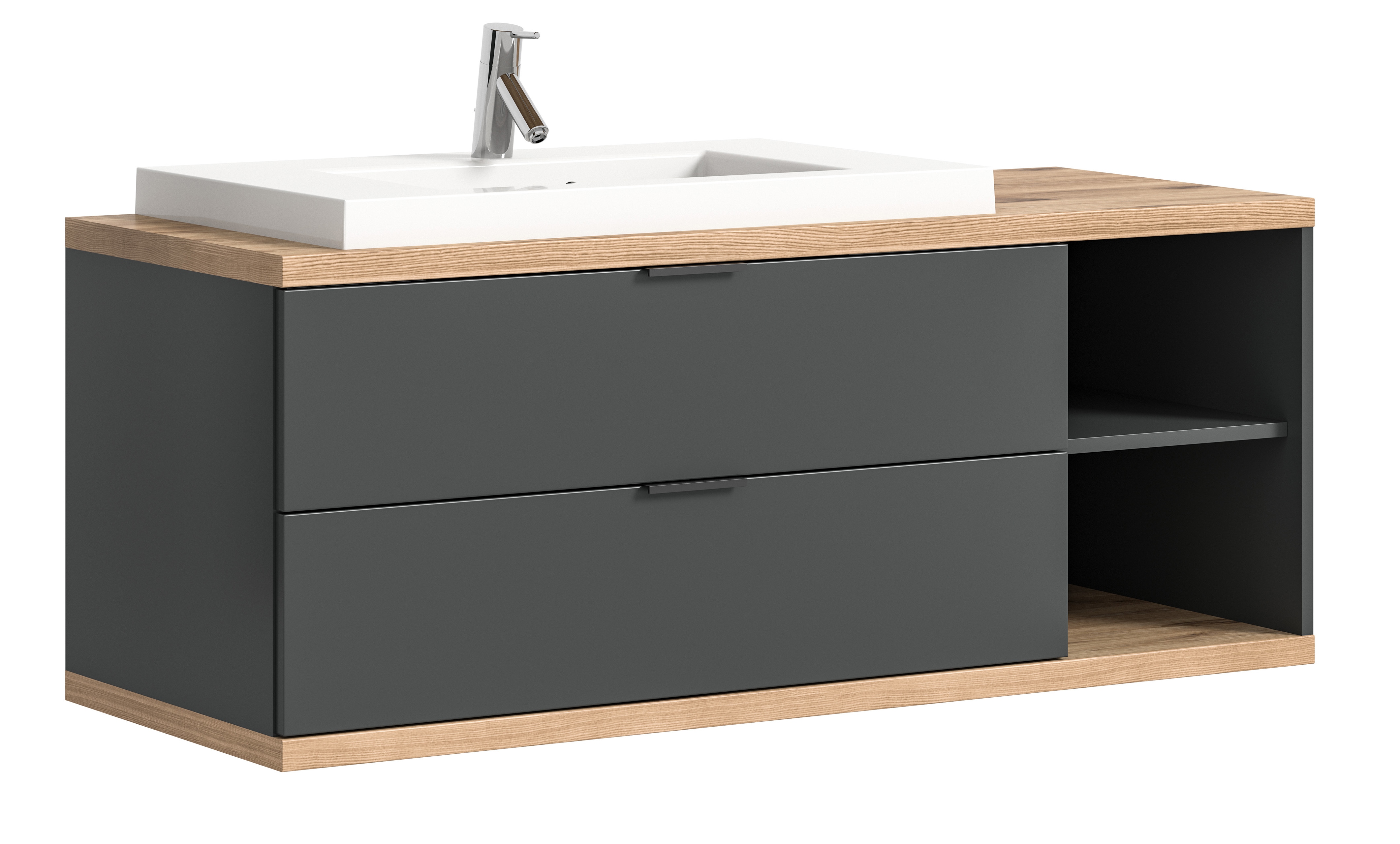 Waschtisch WELLTIME "Sencillo, Waschbeckenunterschrank inkl. Mineralguss Waschbecken", anthrazit grau nb, nox oak nb, anthrazit grau nb, B:130cm H:50cm T:48cm, Spanplatte, Waschtische, Sencillo, Waschbeckenunterschrank,2 Schubladen, 2 offene Fächer Image