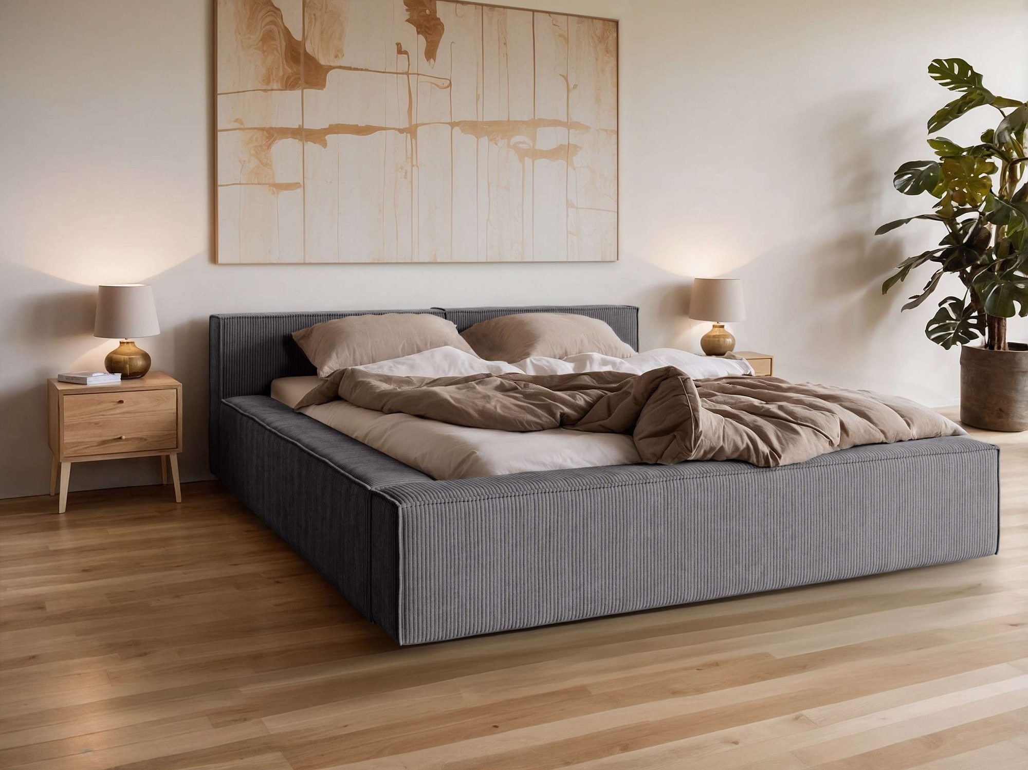 Polsterbett HOME AFFAIRE "LAUREDA Bettgestell mit Lattenrost, in 4 Breiten- 140, 160, 180, 200cm", dunkelgrau, B:184cm H:74cm L:244cm, 83% Polyester, 17% Nylon, Betten, mit Kopfteil und Bettkasten, ohne Matratze Image