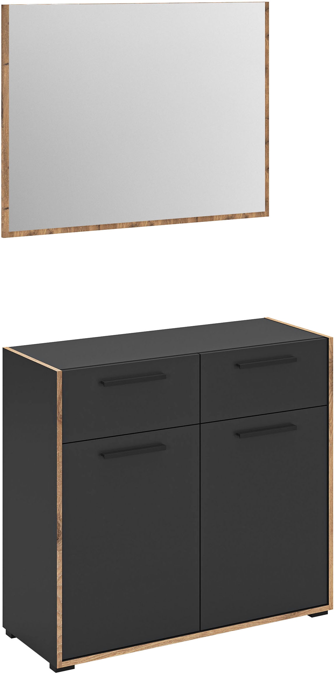 Garderoben-Set INOSIGN "MUSTA, 2-teilig, bestehend aus: Kommode & Garderobenspiegel", basalt grau, nox oak nachbildung, B:95cm H:190cm T:37cm, Kastenmöbel-Sets, Kombination, Kompaktgarderobe, Garderobenkombination, Garderobe