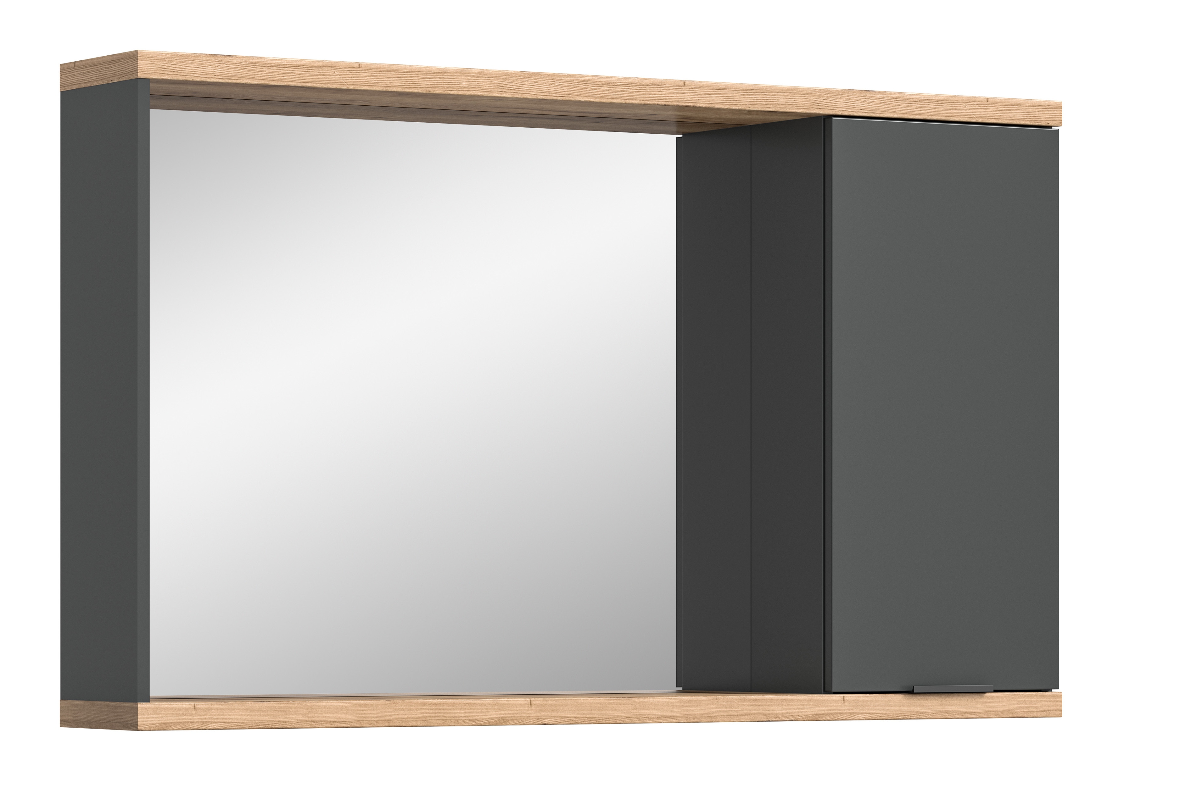 Spiegelschrank WELLTIME "Sencillo, Spiegelschrank 130 cm", anthrazit grau nb, nox oak nb, B:130cm H:77cm T:20cm, Spanplatte, Schränke, Sencillo, Spiegelschrank, 1 Tür, 3 Fächer