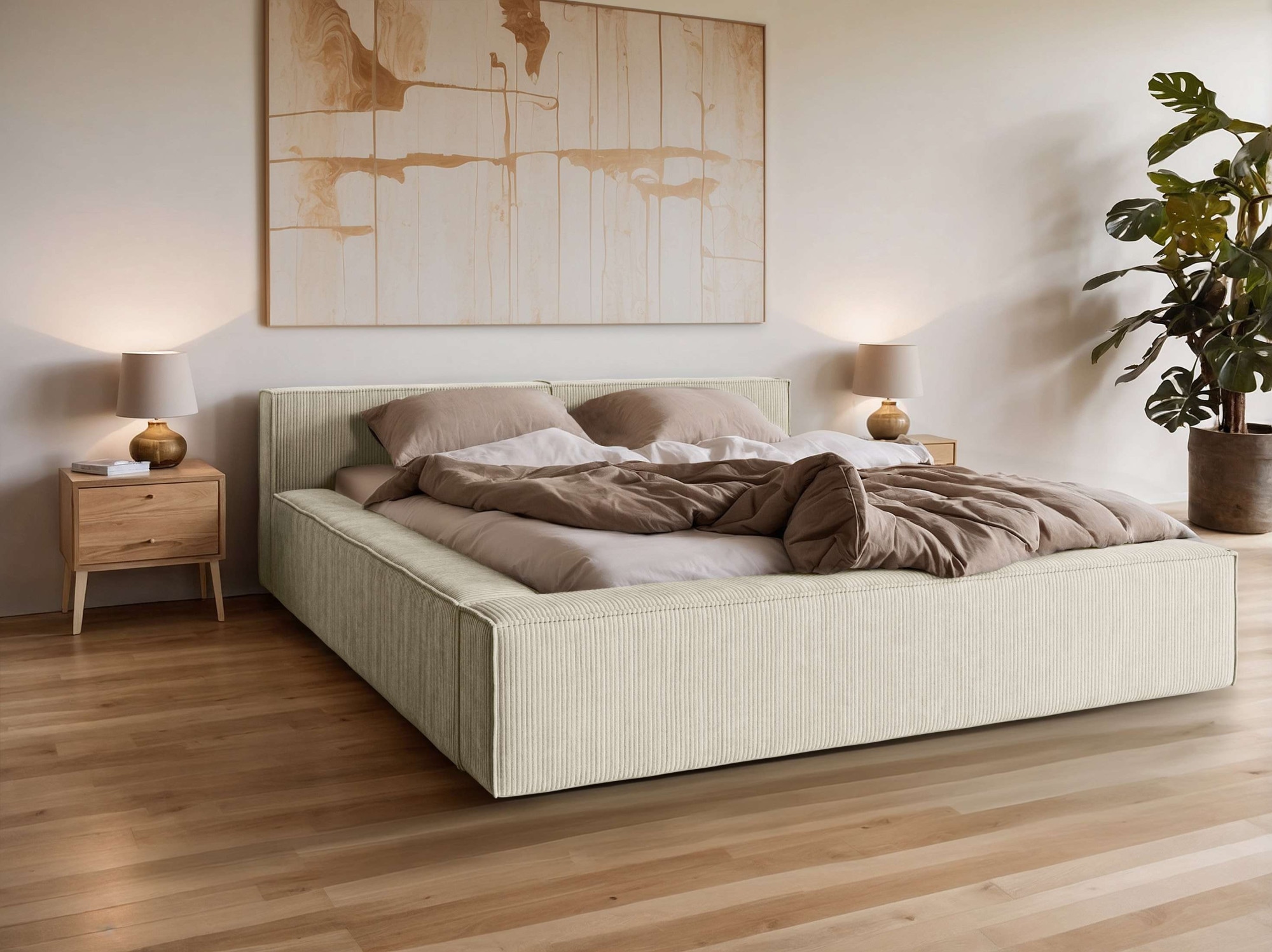 Polsterbett HOME AFFAIRE "LAUREDA Bettgestell mit Lattenrost, in 4 Breiten- 140, 160, 180, 200cm", beige, B:224cm H:74cm L:244cm, 83% Polyester, 17% Nylon, Betten, mit Kopfteil und Bettkasten, ohne Matratze Image