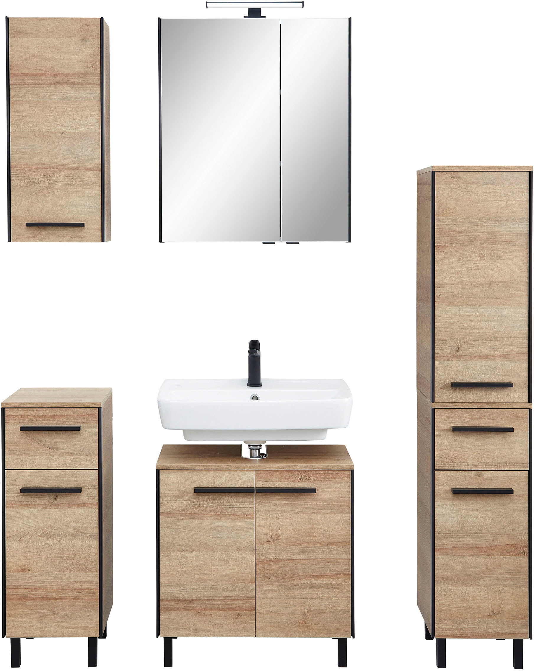 Badmöbel-Set SAPHIR "Quickset 395 5-teilig, Waschbeckenunterschrank mit LED-Spiegelschrank", braun, Riviera Eiche quer Nachbildungmit schwarzem L-Profil vorne, Kastenmöbel-Sets, Unterschrank, Hängeschrank, Midischrank, inkl. Türdämpfer, 7 Türen Image
