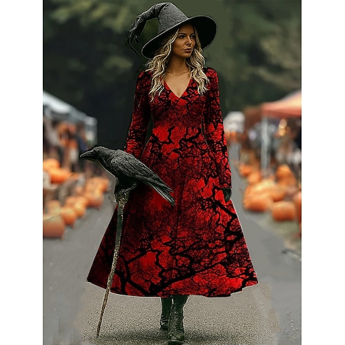 Abito Midi da Donna A Line Abito Vacanza Casual Boho Spiaggia Vestibilità Normale Grafica Astratta Maniche Lunghe V Collo Bianco Rosso Scuro Vino Marrone Primavera Autunno Inverno