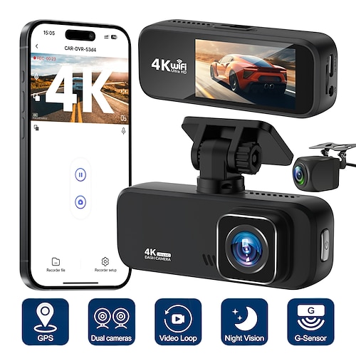 Telecamera per auto con doppio obiettivo HD 4K1080p e connettività mobile, DVR nascosto per veicoli.