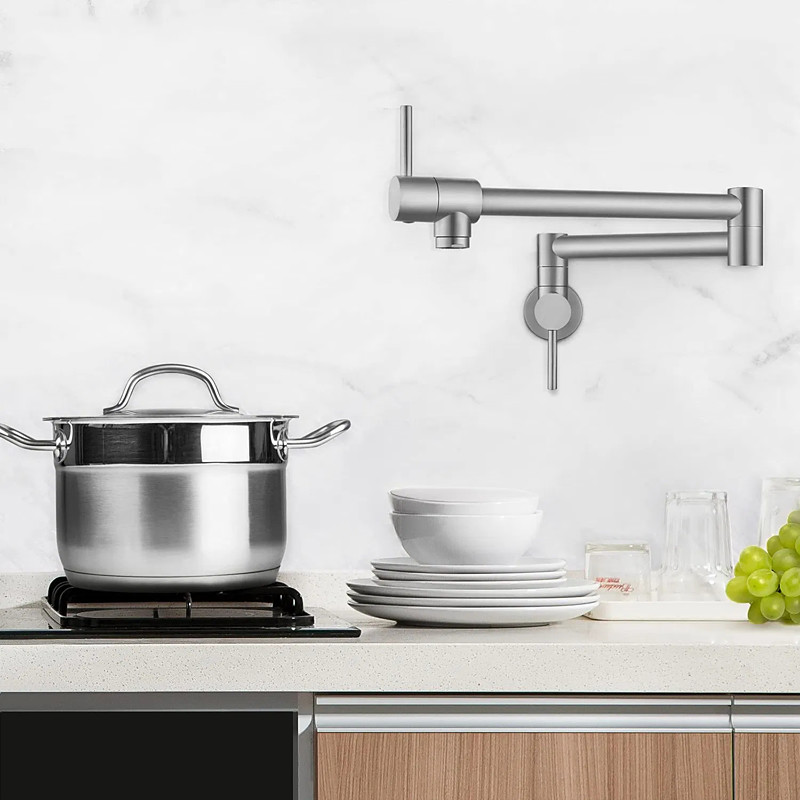 Kitchen Faucet,Wall Mounted Pot Filler Two Handles One Hole Chrome/Oil-rubbed Bronze/Nickel Brushed Foldable Pot Filler Wall Mounted Contemporary Kitchen Taps with Cold Water Only