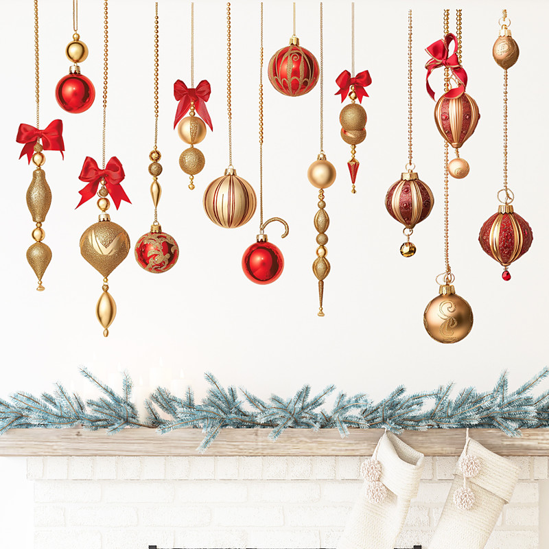 Christmas Wall Sticker, Bell Ornaments with Colorful Balls and Bows, Glass Effect Hanging Decoration, Festive Window and Home Decor