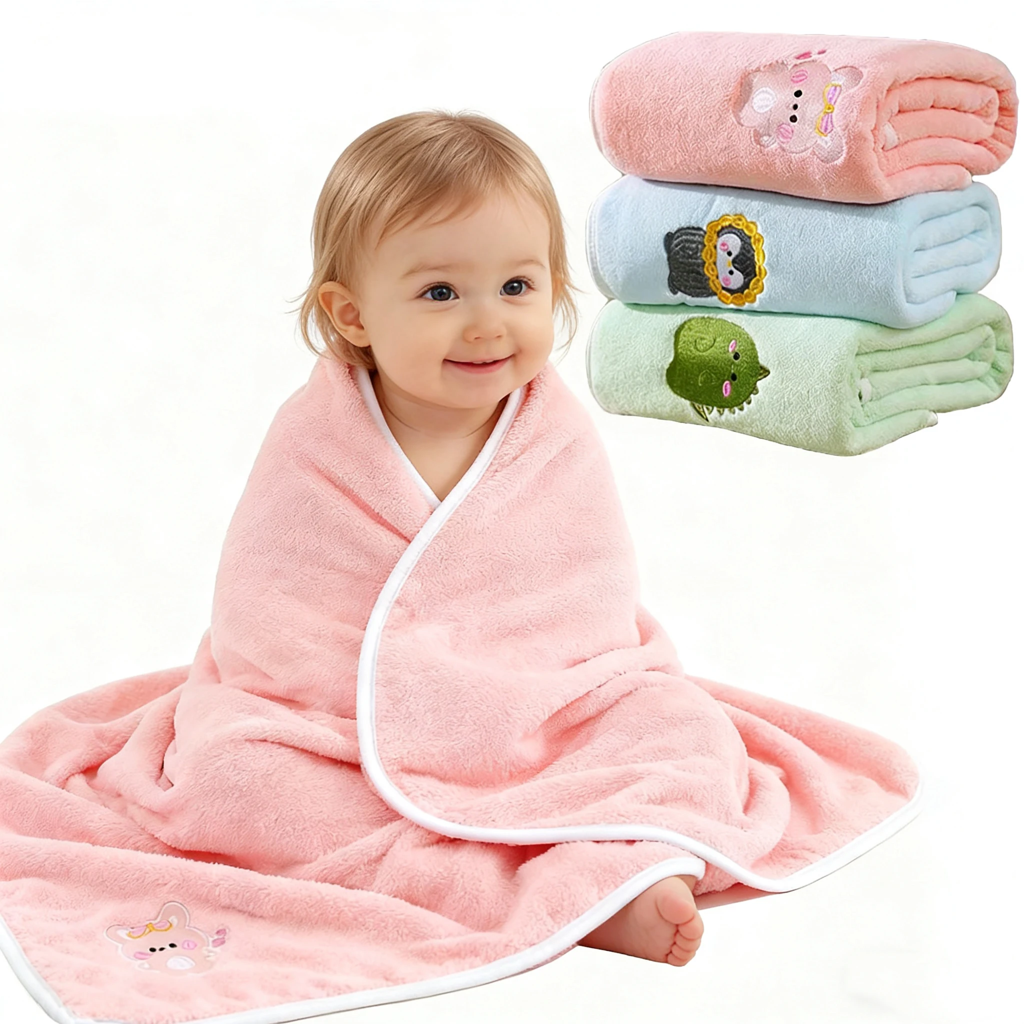 Infant Swaddle Decke Wrap Baby Badetuch Kinder Niedlichen Tier Gestickte Fleece Decke Kinder Weiche Badetuch Image