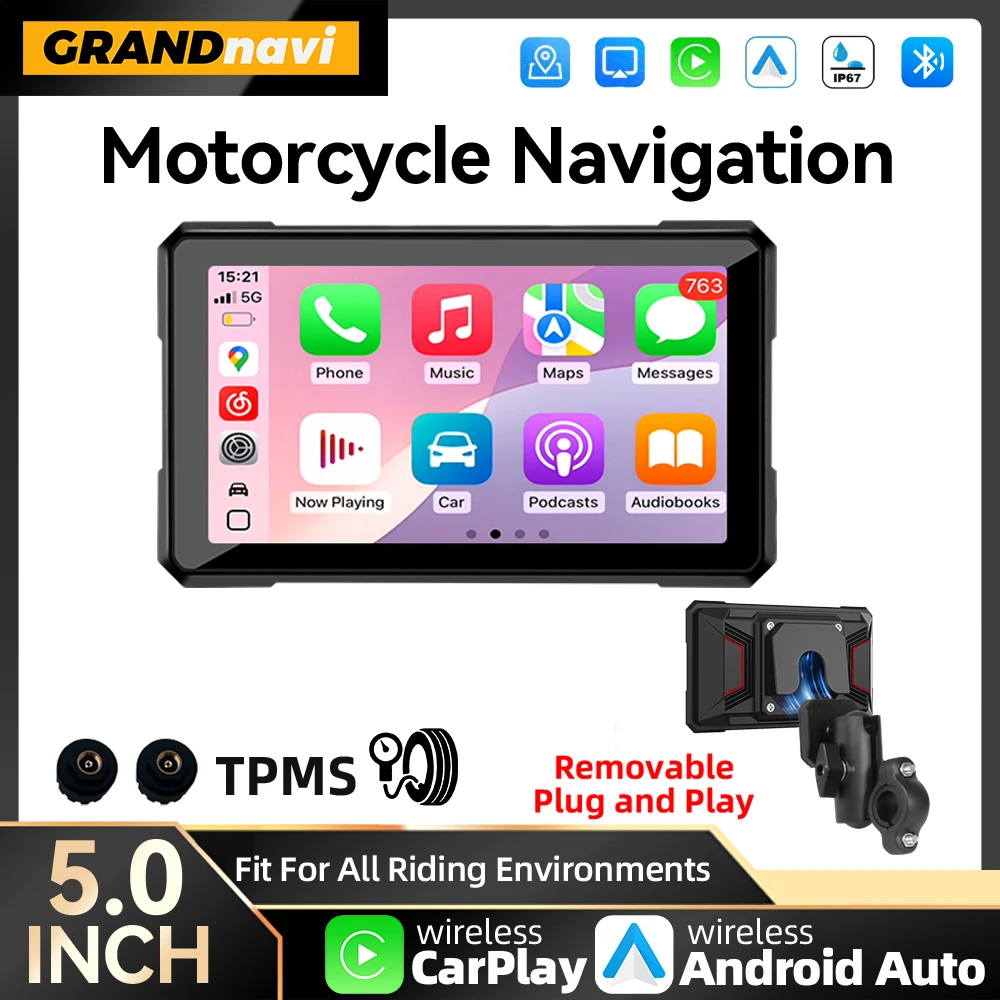 5-Zoll-Motorrad GPS-Navigation Tragbare drahtlose Carplay Android Auto Magnetische Schnellverschlusshalterung Bluetooth Moto Motorrad Image