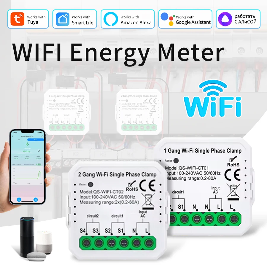 Tuya WiFi Energie Smart Meter 80A 1CH 2CH Strom Gegenseitige Induktivität Sensor Strom Strom Monitor Energieverbrauch Statisch Image