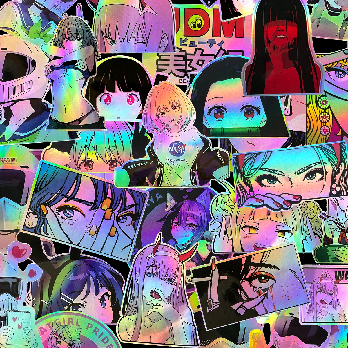 32PCS Laser Anime Beauty Stickers Aesthetic Graffiti Decals for Motorcycle Car Bike Helmet JDM Logo Accessories DIY Sticker Pack