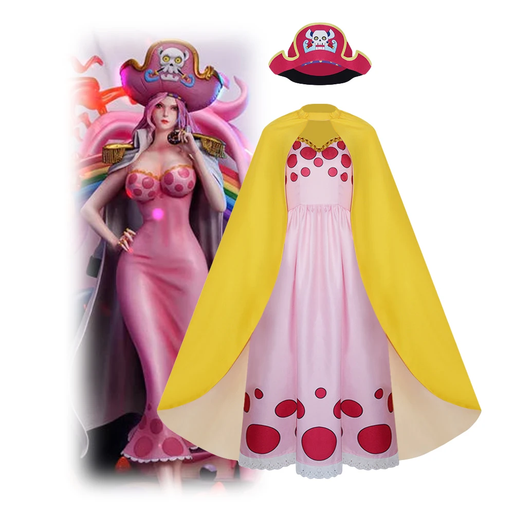 Anime Charlotte Linlin BIG MOM Cosplay Rosa Spot Kleid Gelber Umhang Roter Hut Kleid Set Frau Halloween Karneval Anzug für Frau