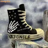Schwarze Canvas-Skelett-High-Top-Schuhe, Patchwork, runde Zehen, Schnürung, erhöhte dicke Sohle, Turnschuhe, Unisex, lässig, Punk, 2025, Sommer