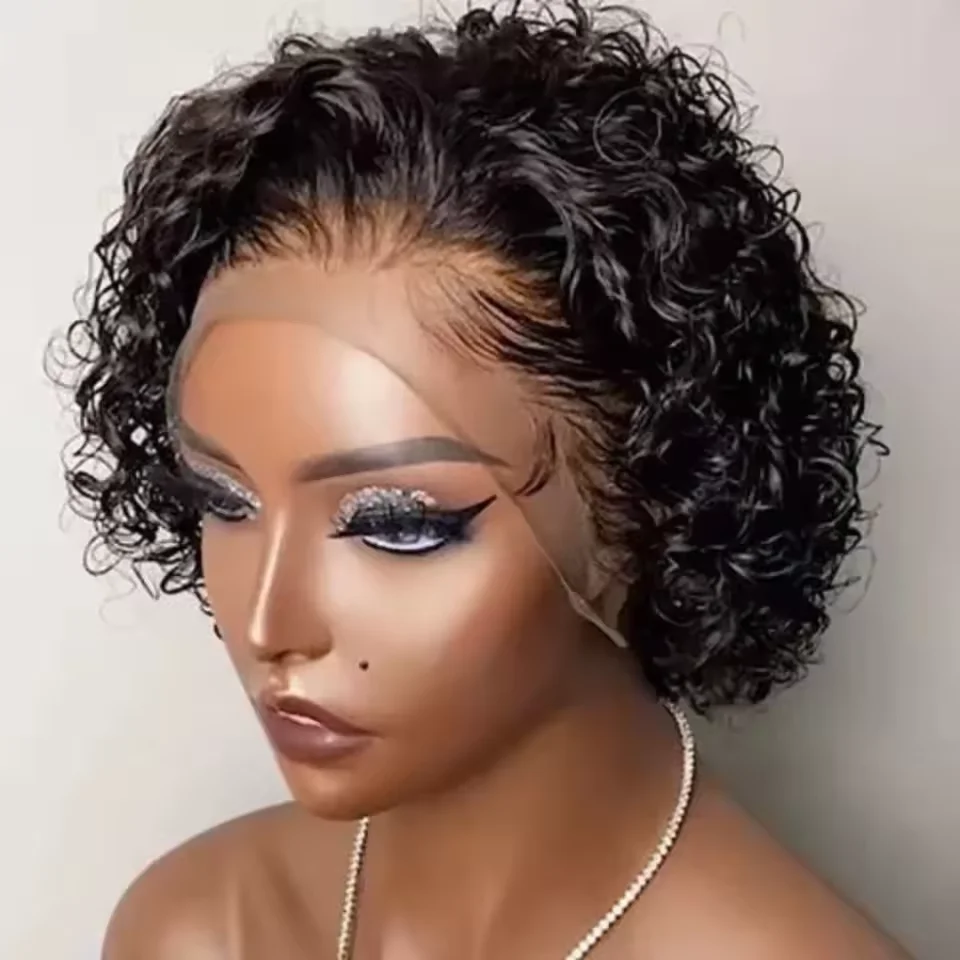 Pixie Cut Perücken Echthaar Kurze Lockige Spitze Front Echthaar Perücken Brasilianische 13x1 Transparente Spitze Perücken Wasser Welle Bob Perücke Image