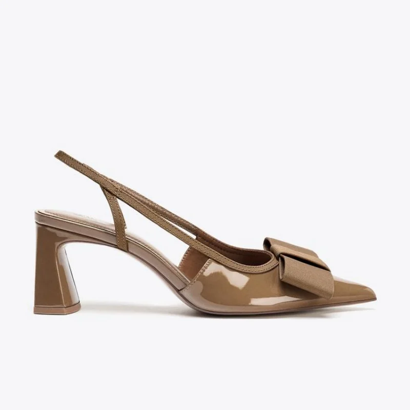 New Bow Slingback Heels for Women 2025 Brown Point Toe High Heels Elegant Office Lady Heeled Pump Shoes Fashion Block Heel Pumps