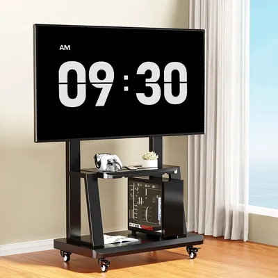 Höhenverstellbarer mobiler TV-Ständer, rollender TV-Wagen für 32-65-Zoll-Fernseher, tragbarer Boden-TV-Ständer mit Stahlablage und Lochplattform