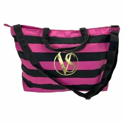 Victoria's Secret Bags | Victoria's Secret Logo Duffel Weekender Tote Bag Beach Travel Stripe Black Pink | Color: Black/Pink | Size: Os