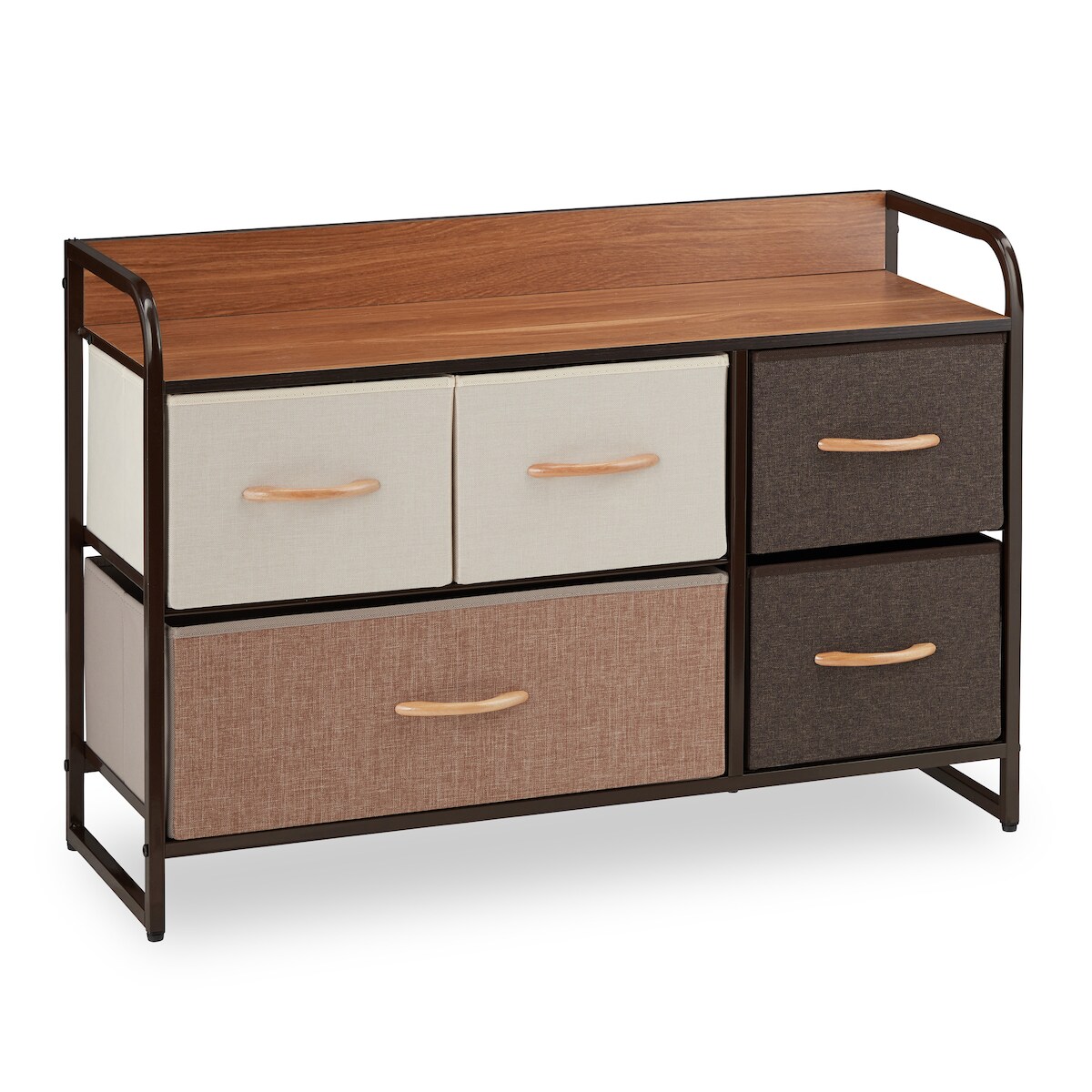 Relaxdays Schubladenschrank, 5 Stoff Fächer, Ablage, Wohnzimmer Schränkchen, Nachtkommode HBT 58 x 87,5 x 31,5 cm, braun Image