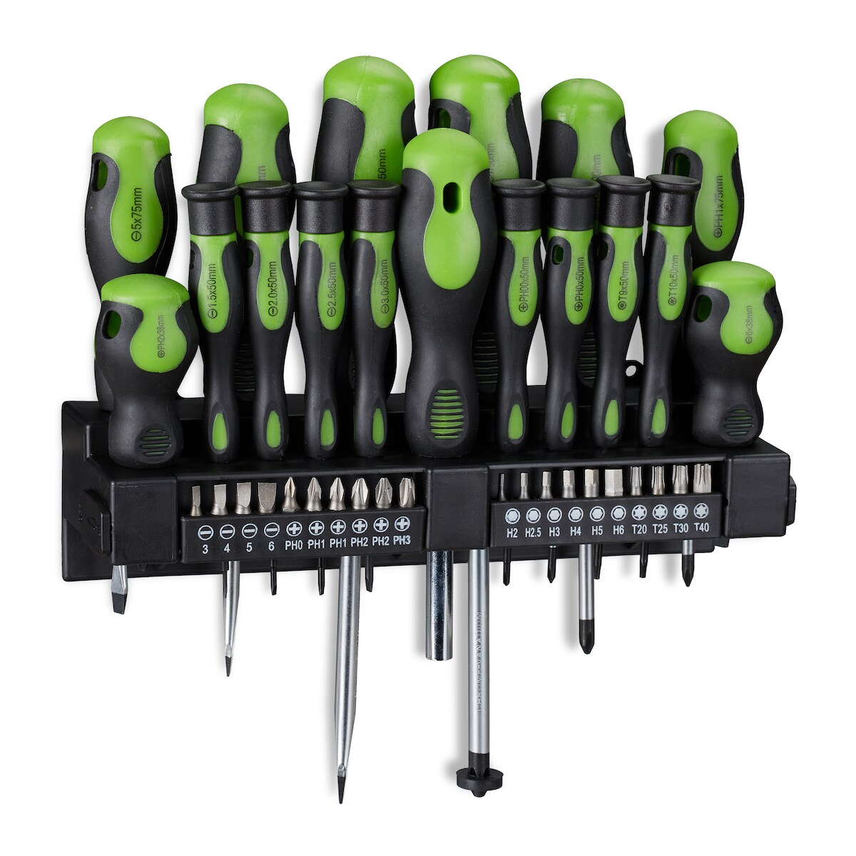 Relaxdays Schraubendreher Set XXL, 37-teiliges Werkzeug Set, Kreuz & Schlitz, inkl. Bits, Wandhalterung, schwarz/grün Image