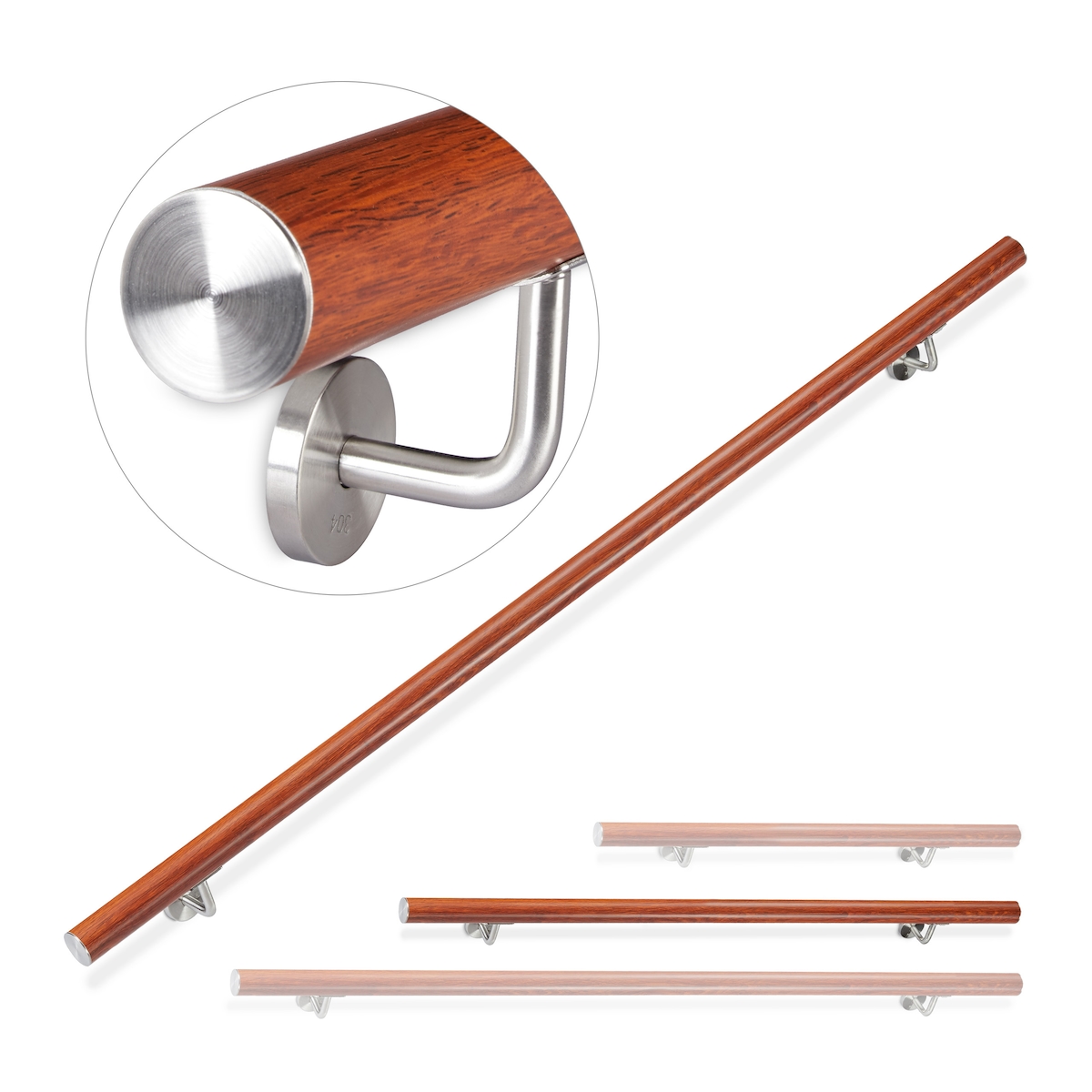 Relaxdays Handlauf Aluminium, rund, Treppengeländer innen, außen, Eiche-Optik, 150 cm, Ø 42mm, mit Wandhalterung, braun Image