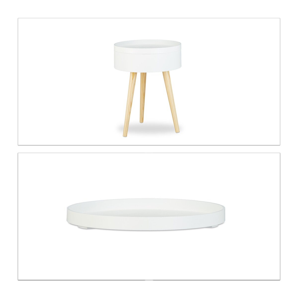 Relaxdays Beistelltisch rund skandinavisches Design, 70er, Nachttisch mit Tablett, Staufach, HxBxT: 50x38x38 cm, weiß Image