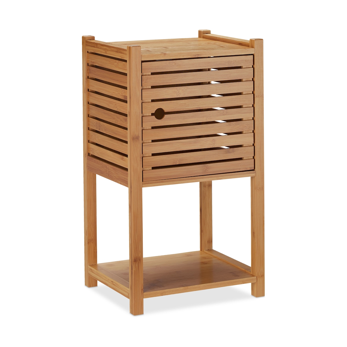 Relaxdays Badregal Bambus, 2 Ablagen & 1 Fach mit Tür, Bad & Küche, schmal, klein, Badmöbel HBT 62,5 x 35 x 29 cm, natur Image