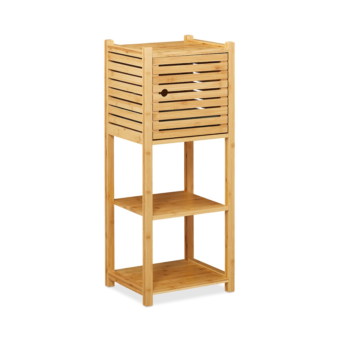 Relaxdays Badregal aus Bambus, 3 Ablagen & 1 Fach mit Tür, Bad & Küche, schmales Badmöbel, HBT: 87,5 x 35 x 29 cm, natur Image