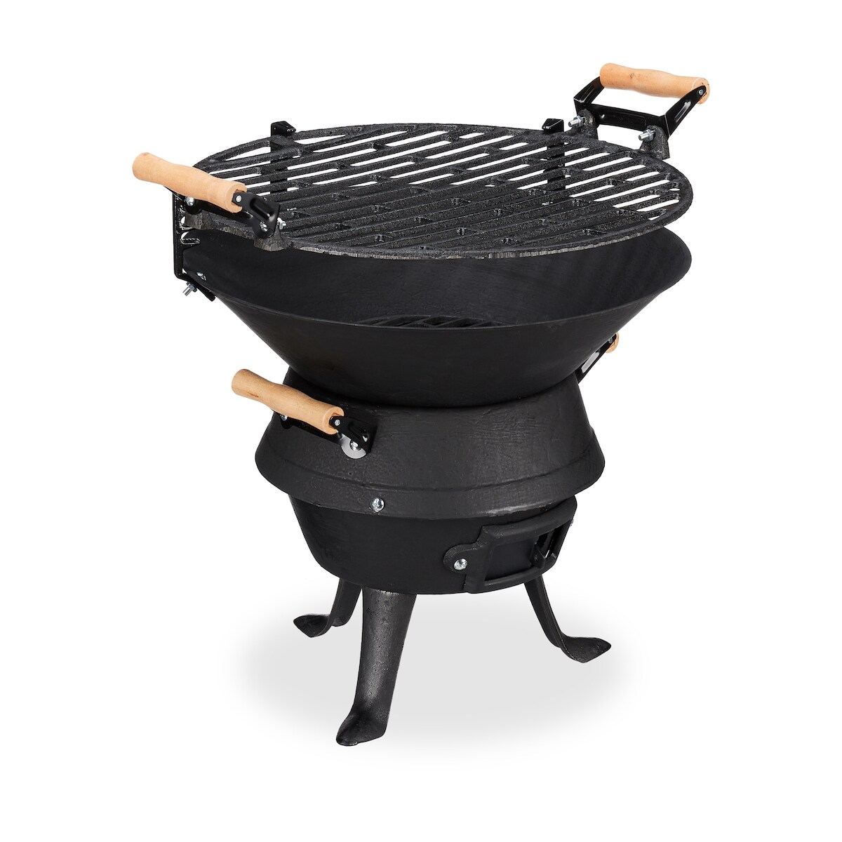 Relaxdays Grillfass Gusseisen, höhenverstellbarer Grillrost, Belüftung, Fassgrill für Holzkohle, HBT 40x45x36cm, schwarz Image