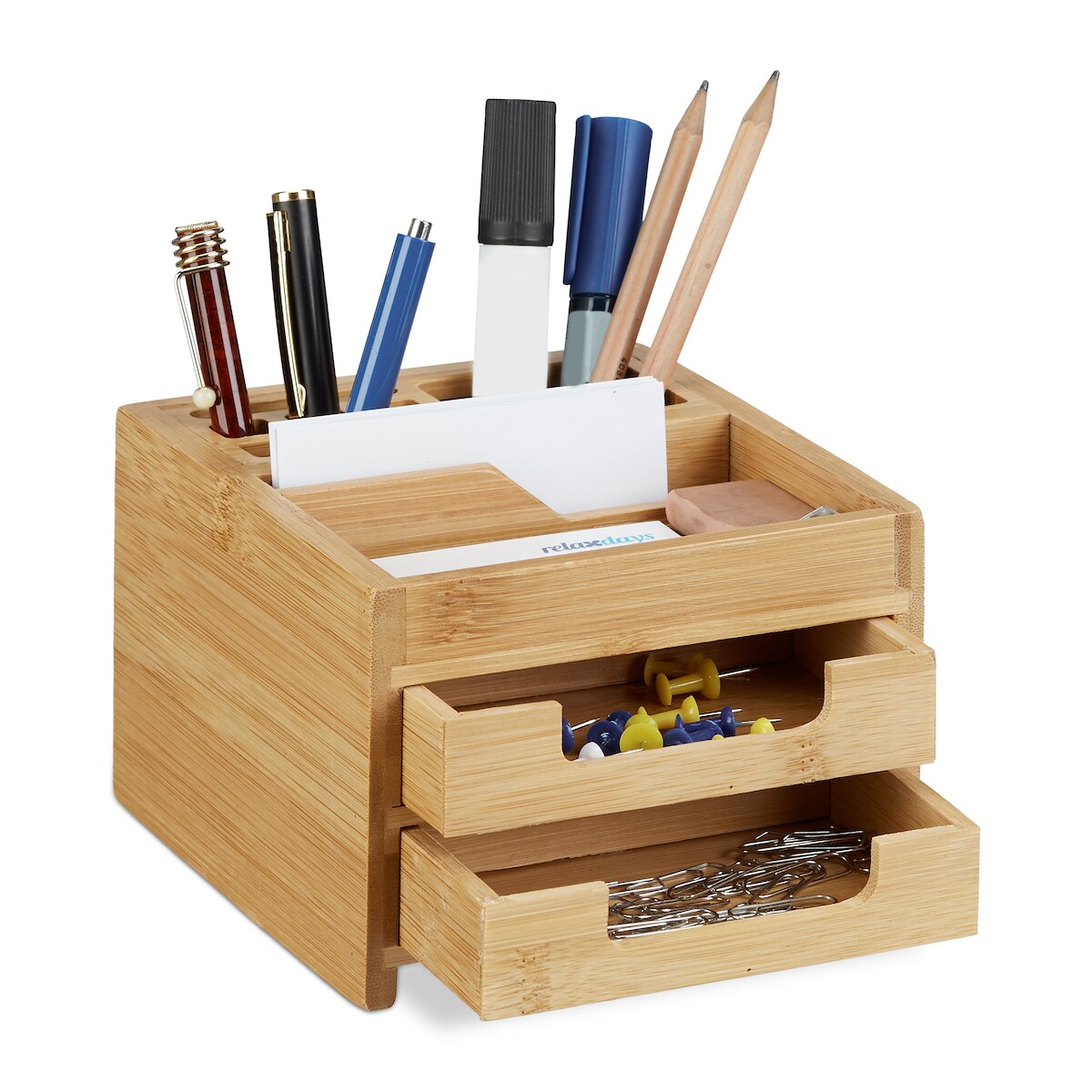 Relaxdays Schreibtisch Organizer Bambus, Stiftehalter Holz, Schreibtischbox Schubladen, HxBxT: 9,5 x 12,5 x 15 cm, natur Image