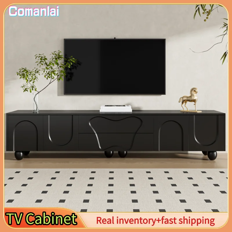 Comanlai Meuble TV 180 cm avec pieds en bois, meuble TV avec espace de rangement, design unique, pour salon, noir