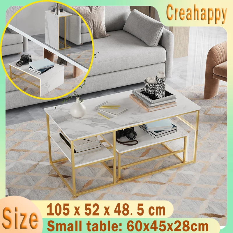 Creahappy Ensemble de table basse, table de salon 2 pièces, table basse à étagère avec cadre en acier doré, table de canapé carrée, table d