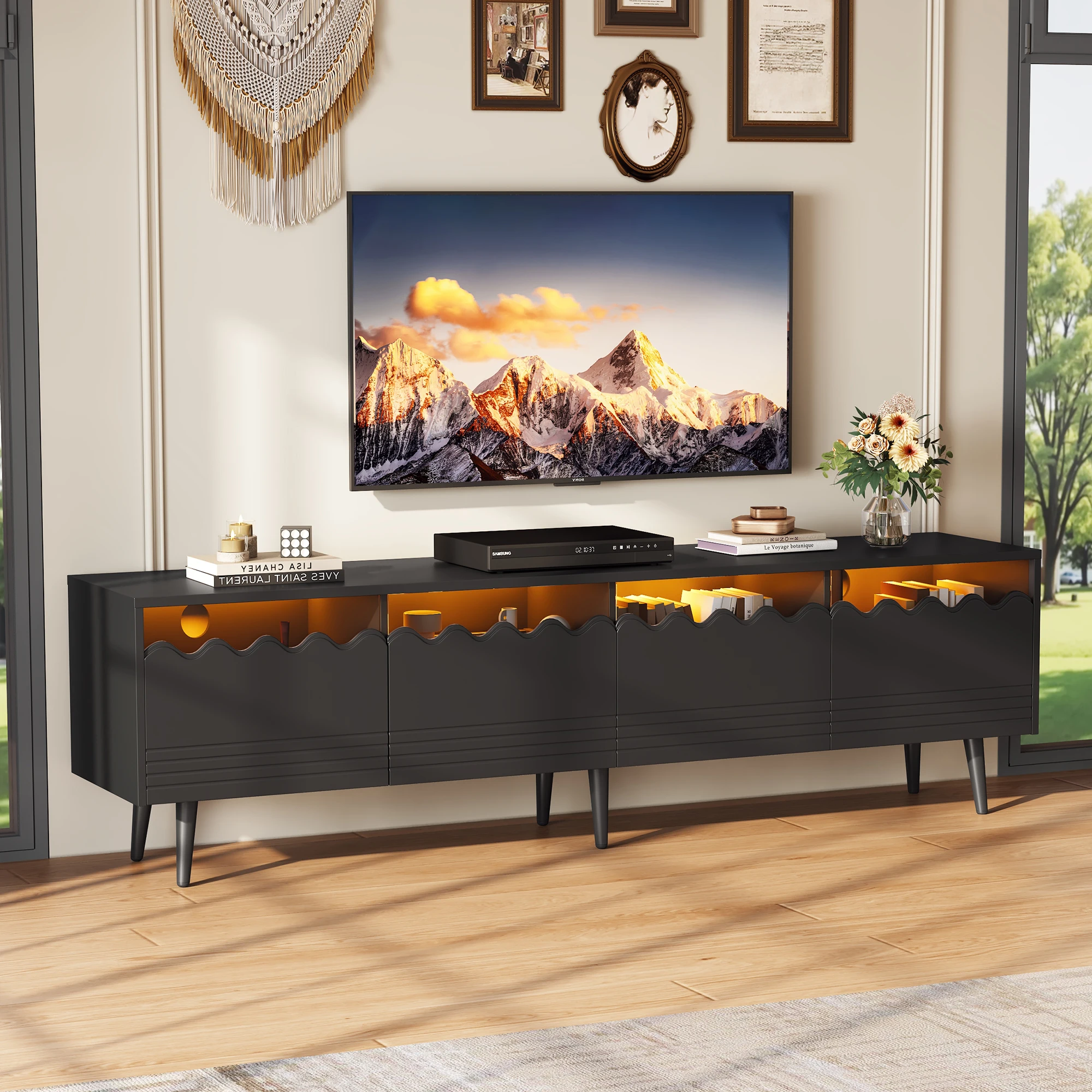Planche basse 176*38*45cm avec 6 pieds de support, meuble TV avec 2 tiroirs et 2 armoires, meuble TV, meubles de salon, meuble TV