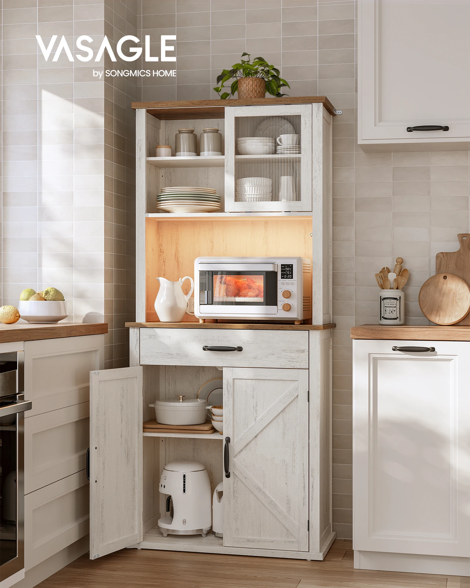 VASAGLE Meuble de Rangement avec Lumières et Chargeur, Placard de Cuisine, avec Portes et Tiroirs, Buffet, Meuble à café, Étagères Réglables, Style Campagne