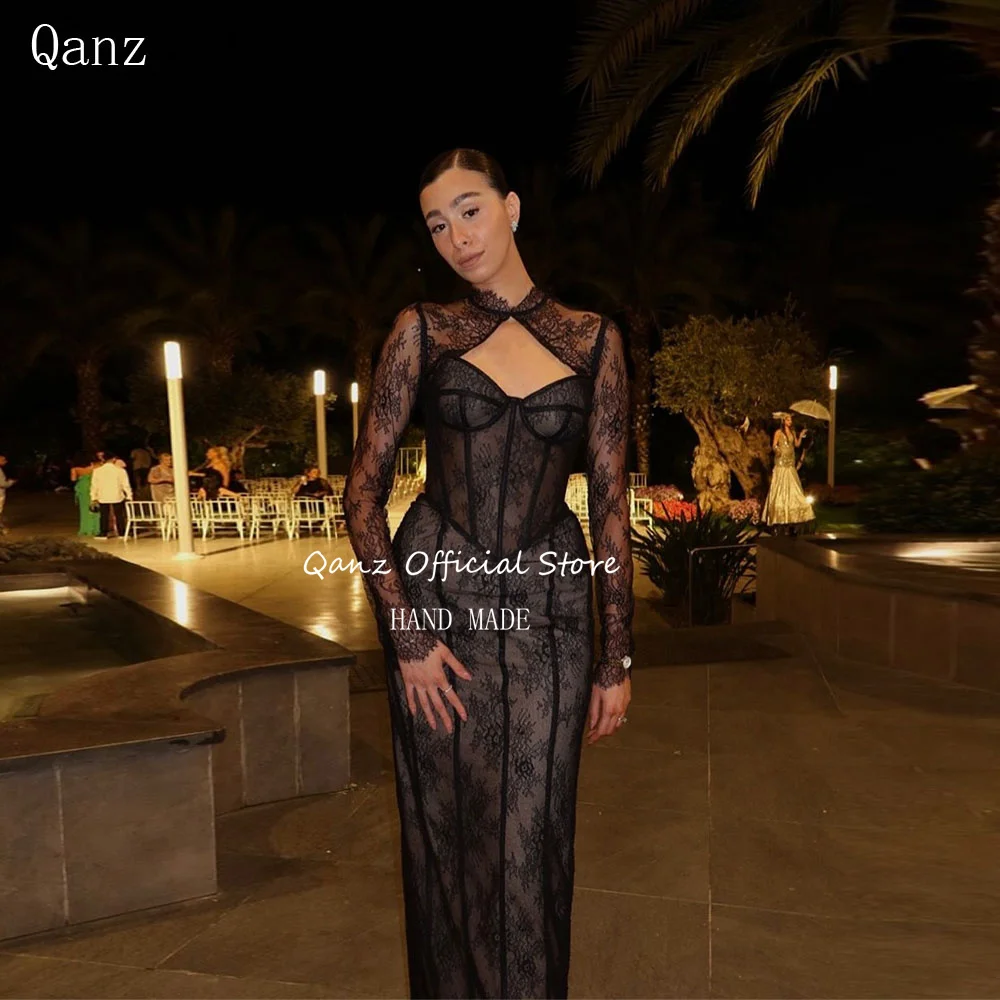 Qanz Moder Black Evening Dresses With Jacket Lace Vestidos Para Mujer Mermaid Sheer Long Sleeves Slit Party Gown Customized