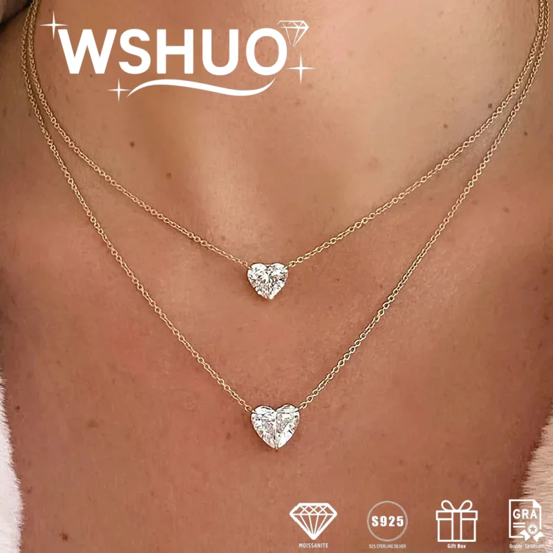 WSHUO 1/2/3ct Collana con ciondolo Moissanite con taglio a cuore S925 Argento puro placcato oro 18 carati Collana da donna gioielli Regalo Certificato GRA