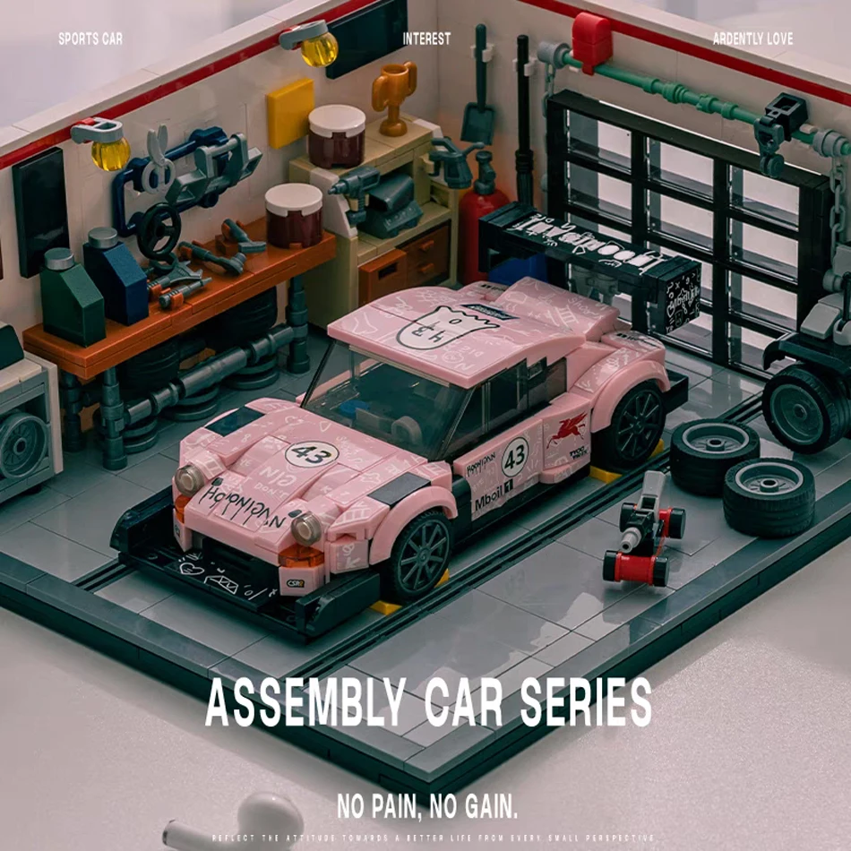MOC Tecnico Maiale Rosa Auto Sportive Garage Scena Building Blocks Città Velocità Veicolo da Corsa Assemblaggio Mattoni Giocattoli Bambini Adulti Regali