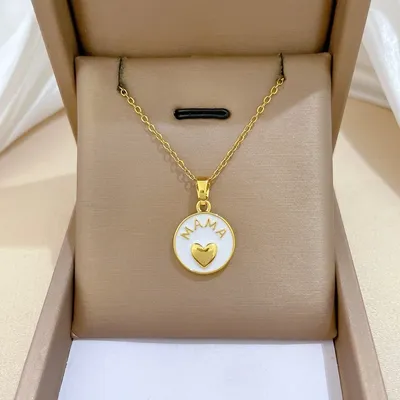 Simple White Enamel Mama Heart Round Pendant Necklaces for Women Gold Color Stainless Steel Chain Jewelry Birthday Gifts for Mom