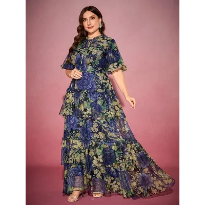 TOLEEN Women Plus Size Maxi Dresses Fashionable Floral Print Bohemian Dress With Elegant Puffed Sleeves A Party Dress For Ladies