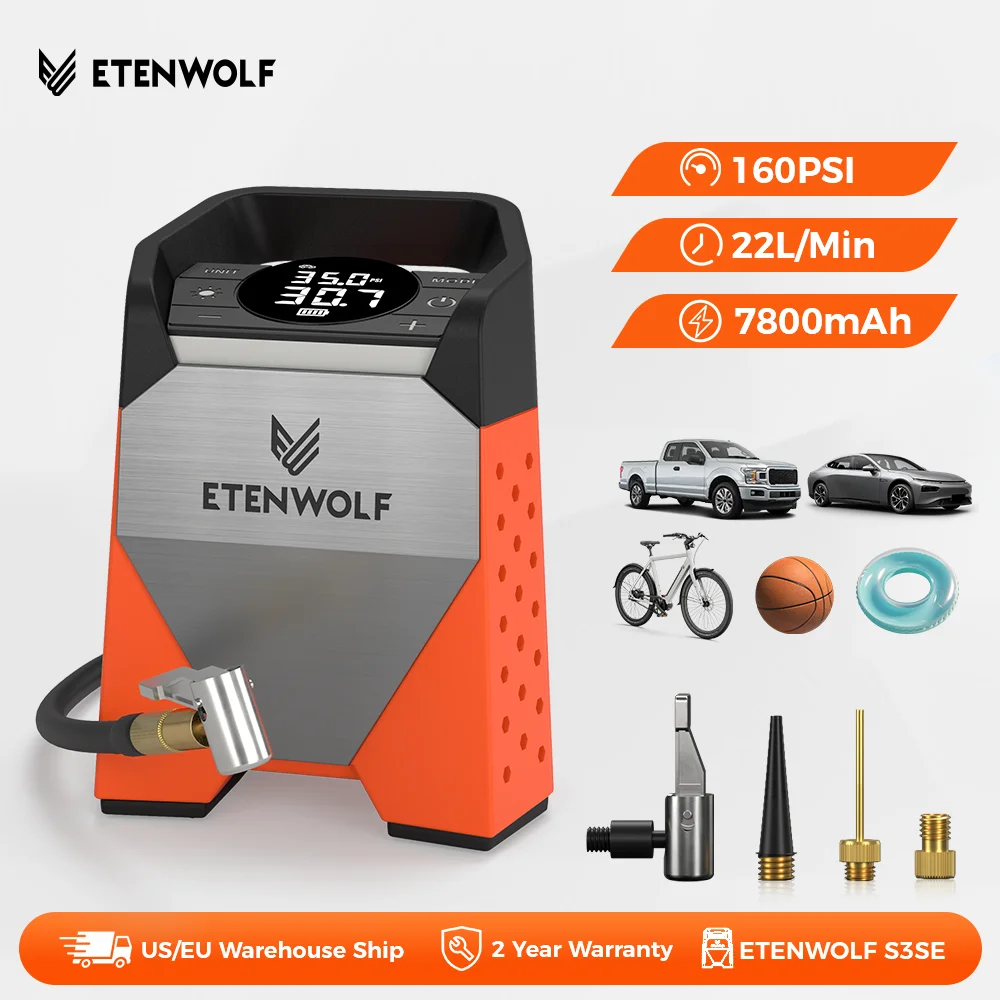 Neuer tragbarer ETENWOLF S3C-Luftkompressor, 7800 mAh, Reifenfüller, schnelles Aufpumpen, 160 PSI, 100 % Arbeitszyklus für Autos, Fahrräder, Bälle Image